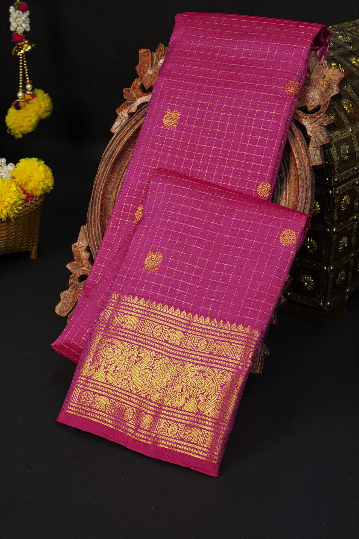 Kancheepuram Silk Magenta Saree With Florals And Peacocks In Checks Body