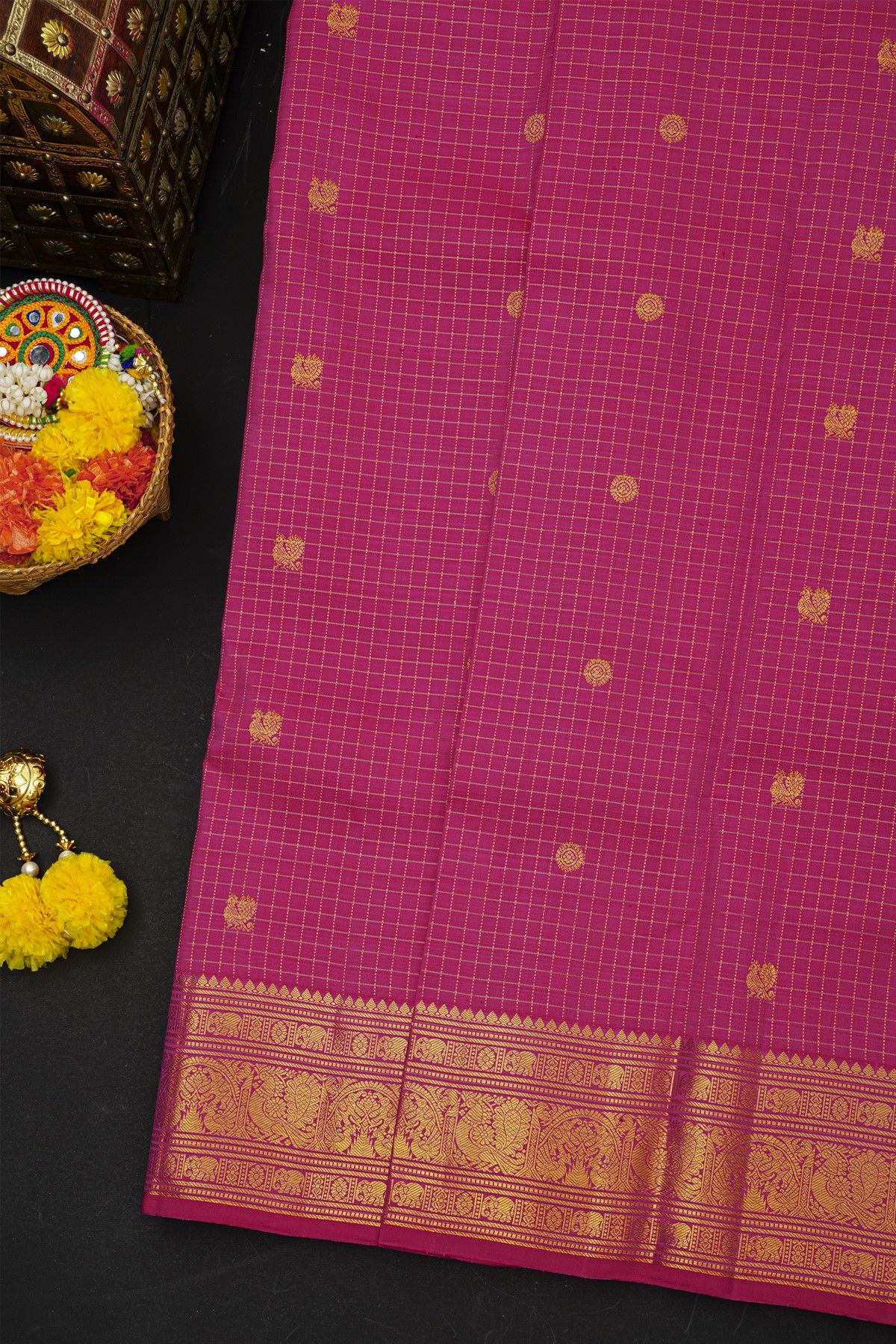 Kancheepuram Silk Magenta Saree With Florals And Peacocks In Checks Body