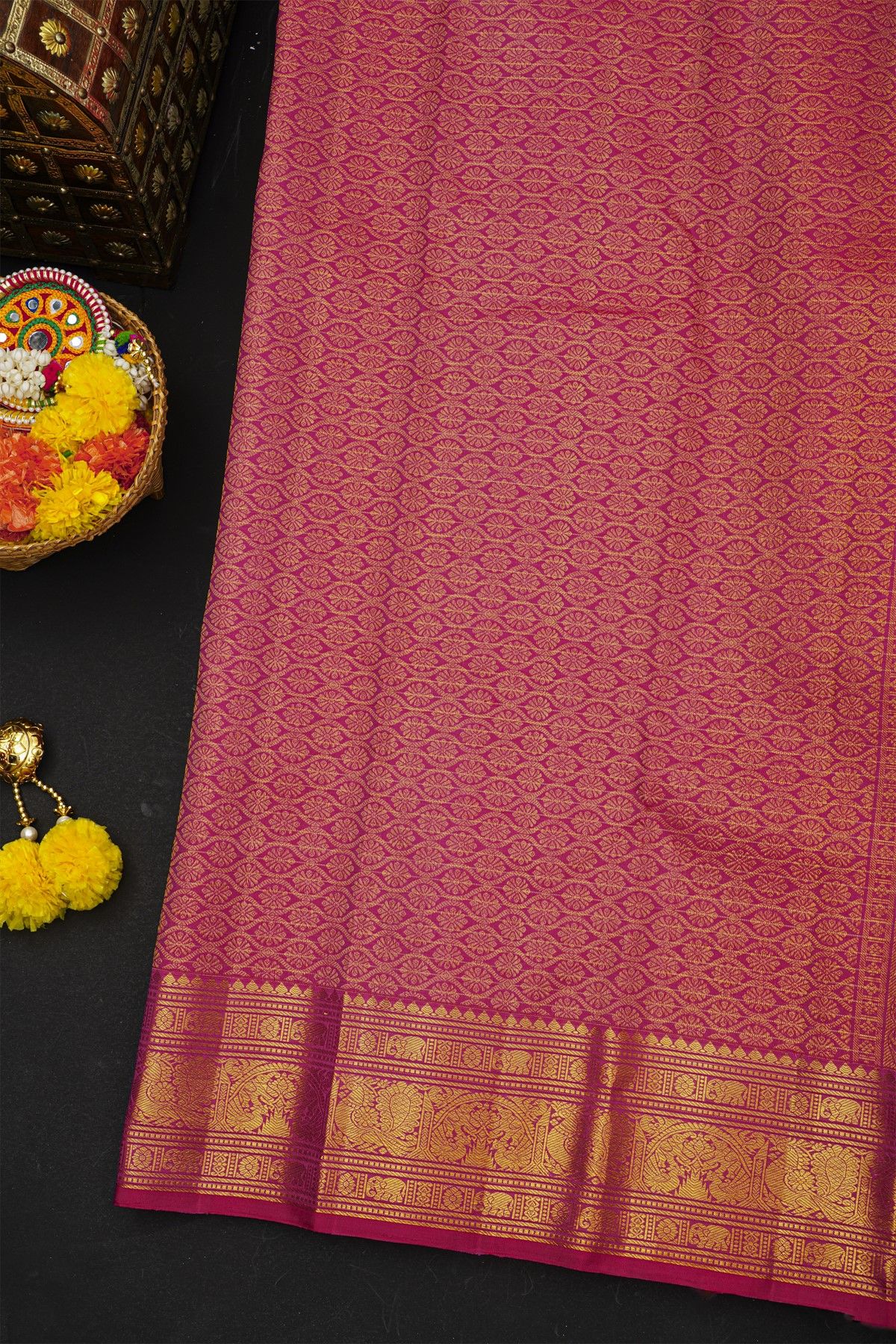 Kancheepuram Silk Magenta Saree With Florals And Peacocks In Checks Body
