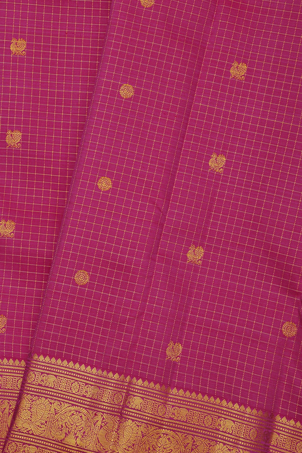 Kancheepuram Silk Magenta Saree With Florals And Peacocks In Checks Body