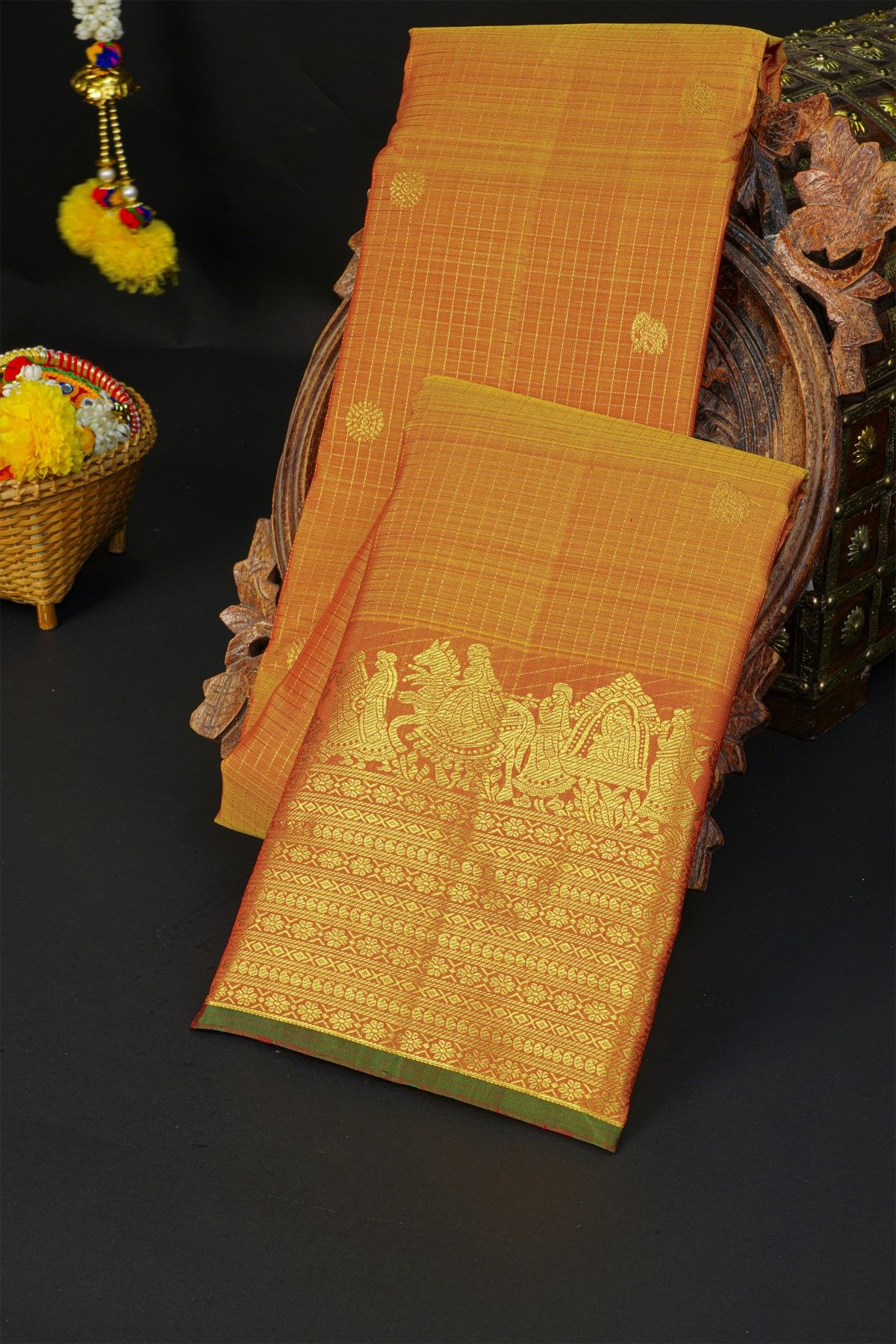 Kancheepuram Silk Orange Saree With Florals And Pallaki Motifs Border