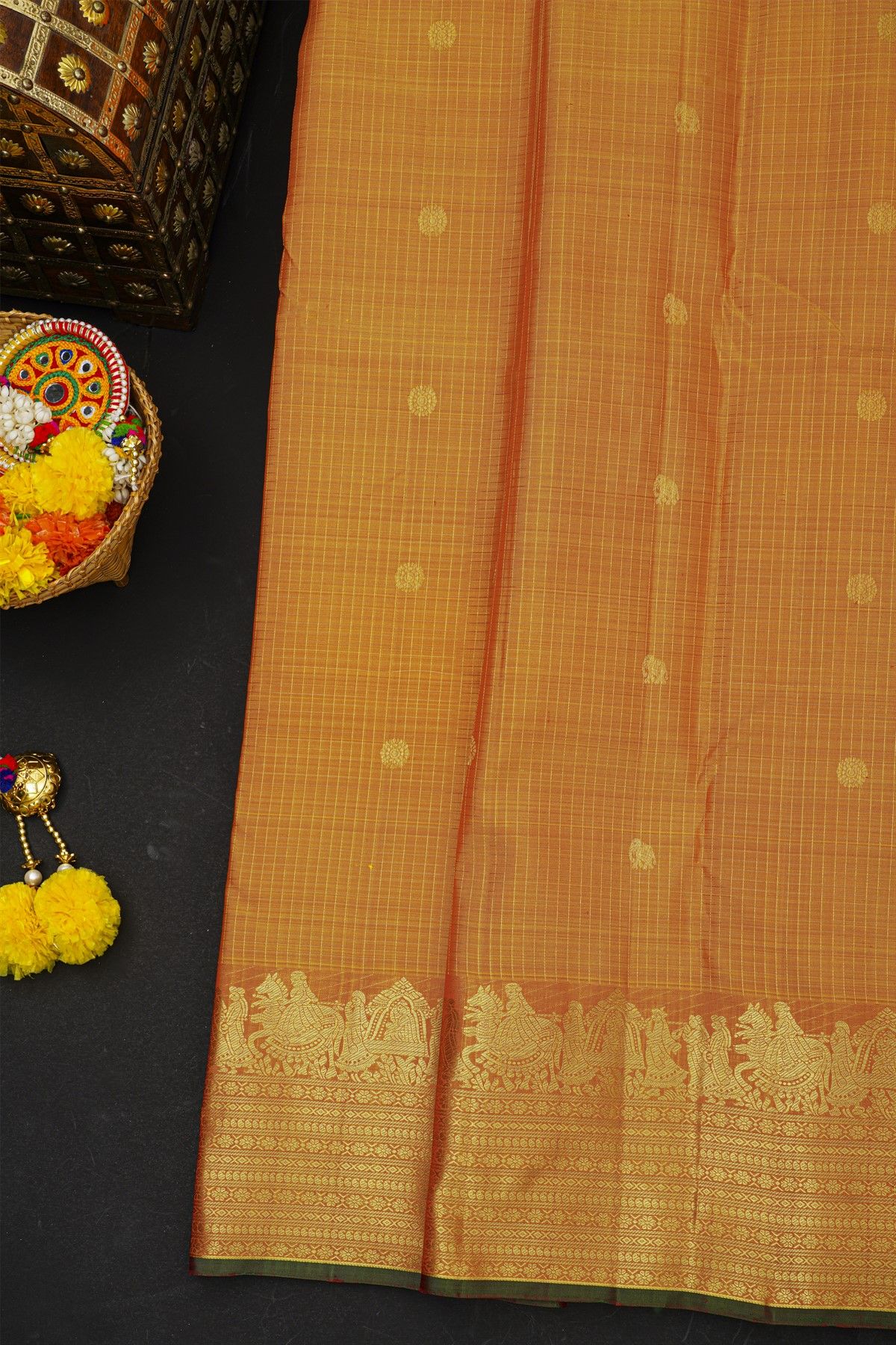 Kancheepuram Silk Orange Saree With Florals And Pallaki Motifs Border