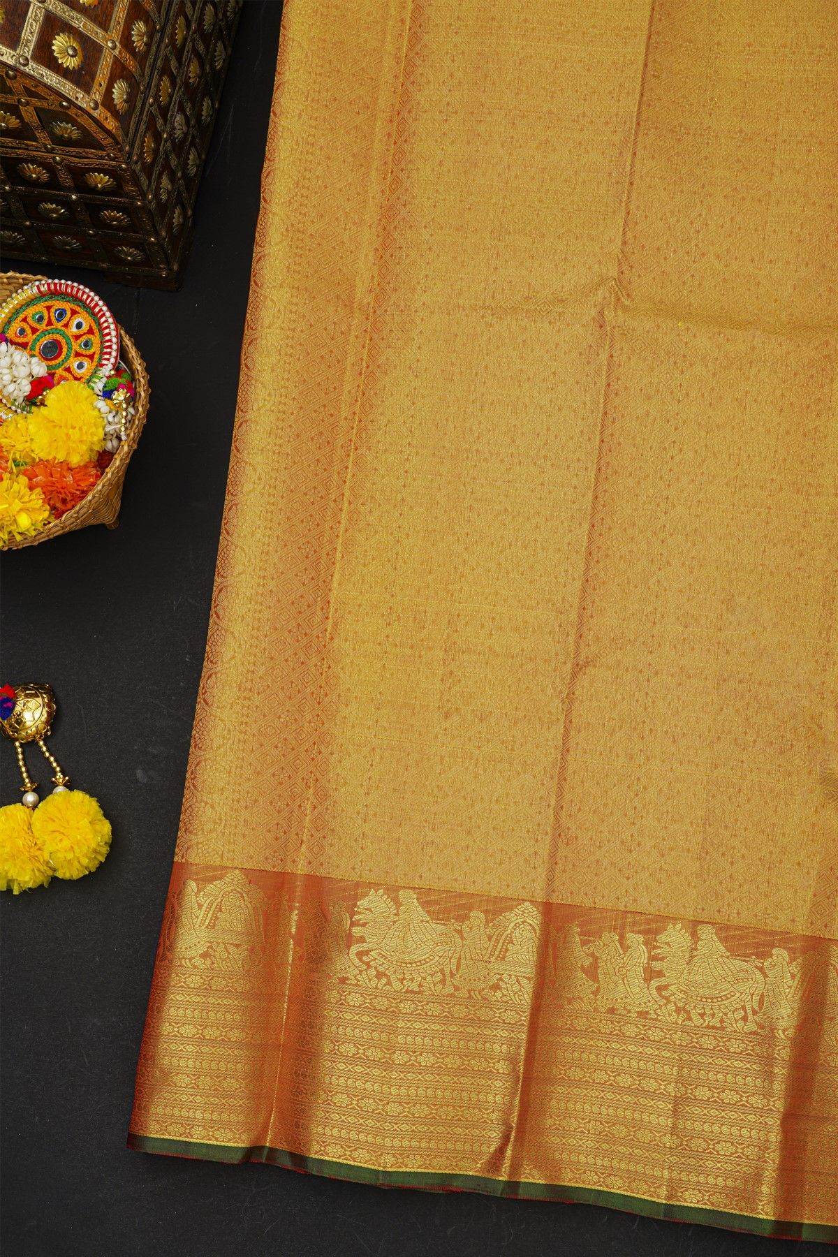 Kancheepuram Silk Orange Saree With Florals And Pallaki Motifs Border