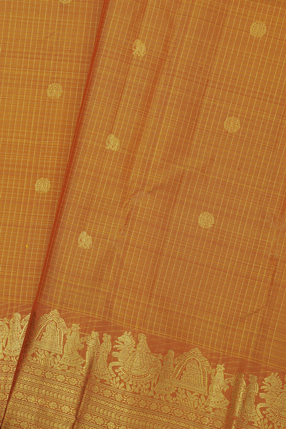 Kancheepuram Silk Orange Saree With Florals And Pallaki Motifs Border