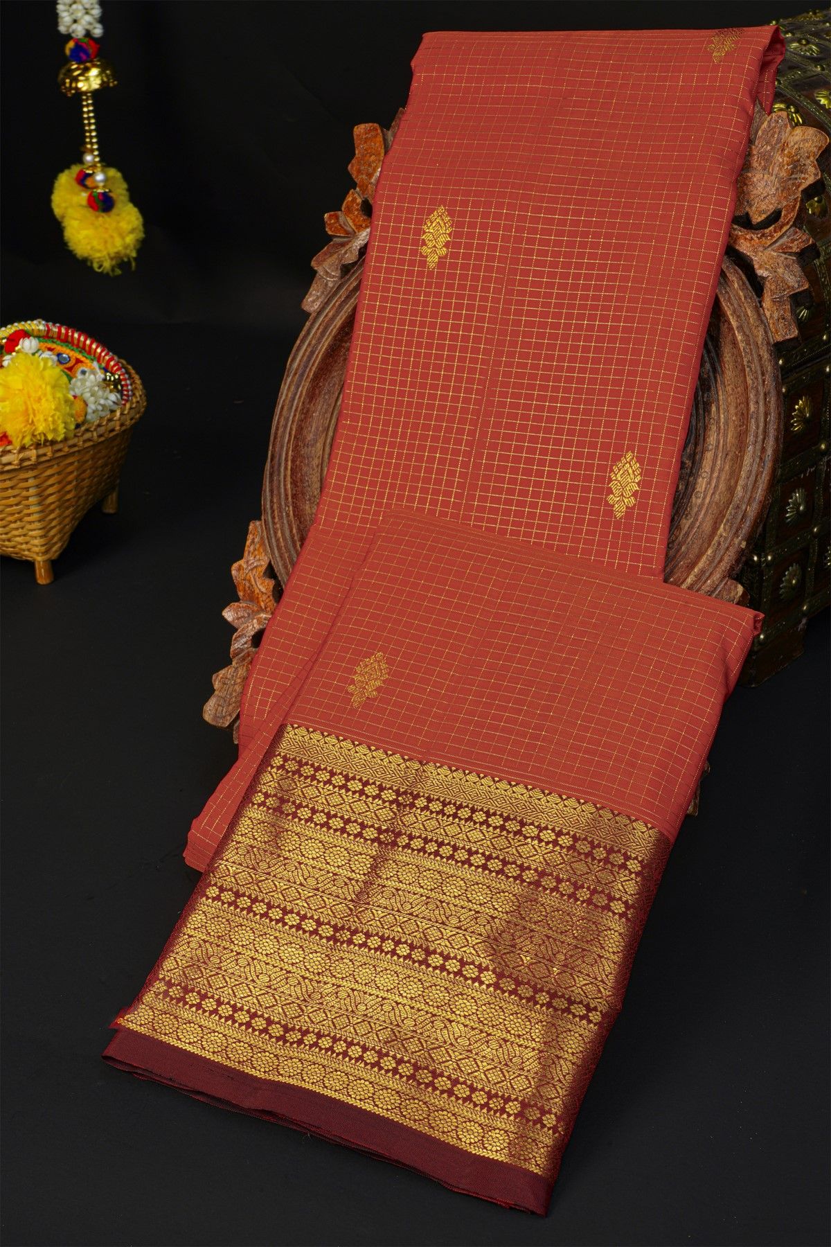 Kancheepuram Silk Red Saree With Checks And Floral Buttis Body