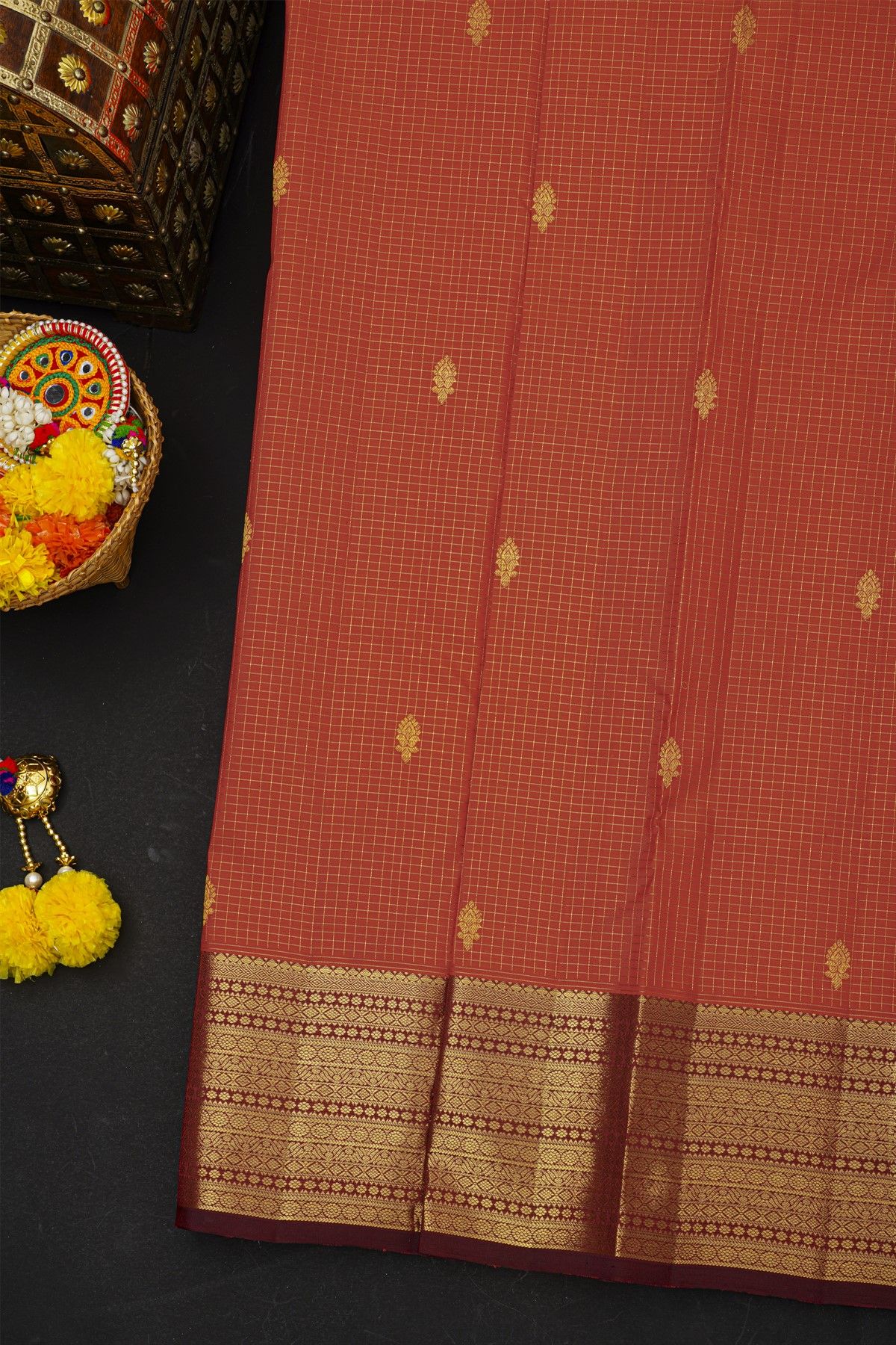 Kancheepuram Silk Red Saree With Checks And Floral Buttis Body