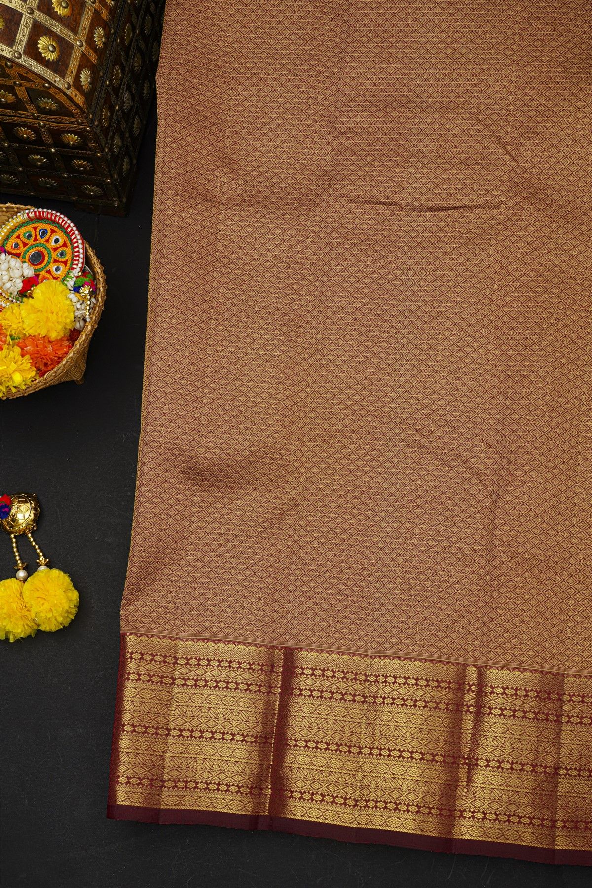 Kancheepuram Silk Red Saree With Checks And Floral Buttis Body