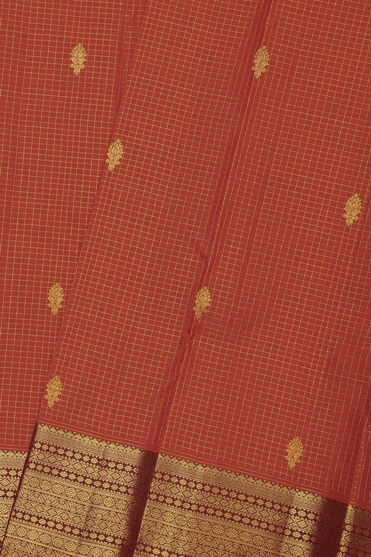 Kancheepuram Silk Red Saree With Checks And Floral Buttis Body