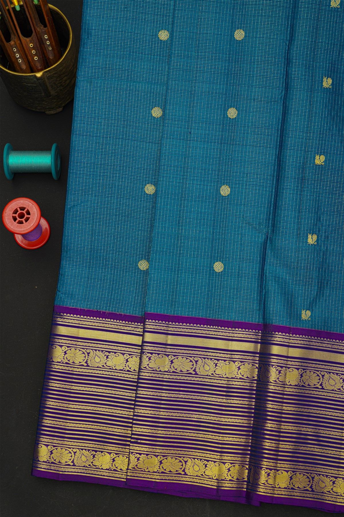 Kancheepuram Silk Blue Saree With Florals And Leaves Jaal Border