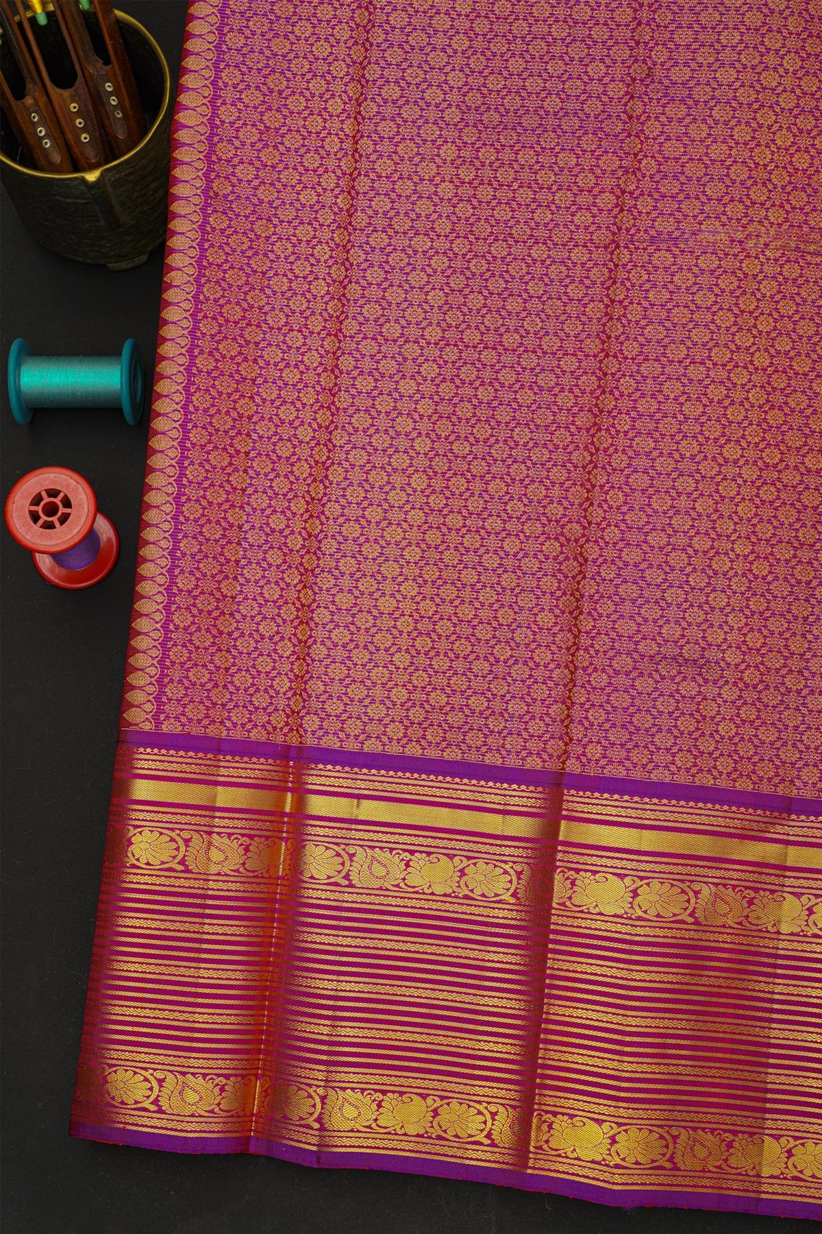 Kancheepuram Silk Blue Saree With Florals And Leaves Jaal Border