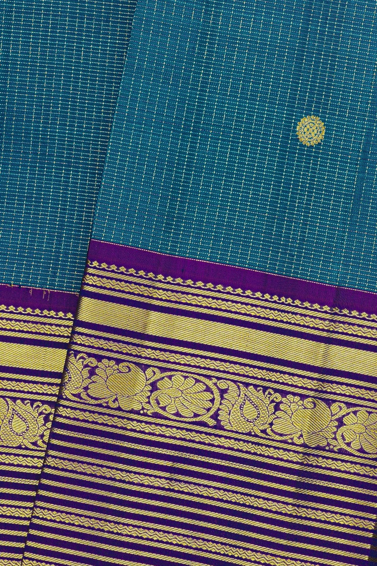 Kancheepuram Silk Blue Saree With Florals And Leaves Jaal Border