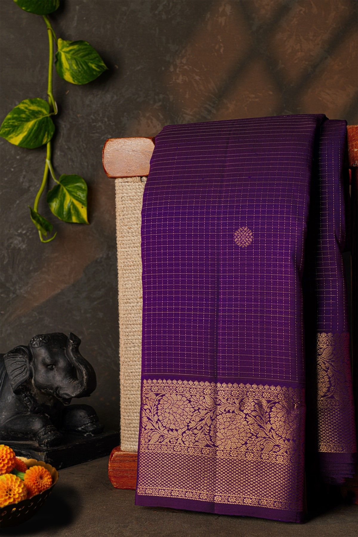 Kancheepuram Silk Violet Saree With Checks Florals And Buttis Body