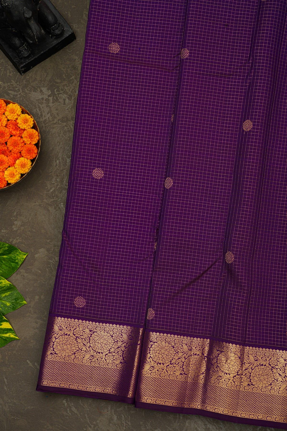 Kancheepuram Silk Violet Saree With Checks Florals And Buttis Body