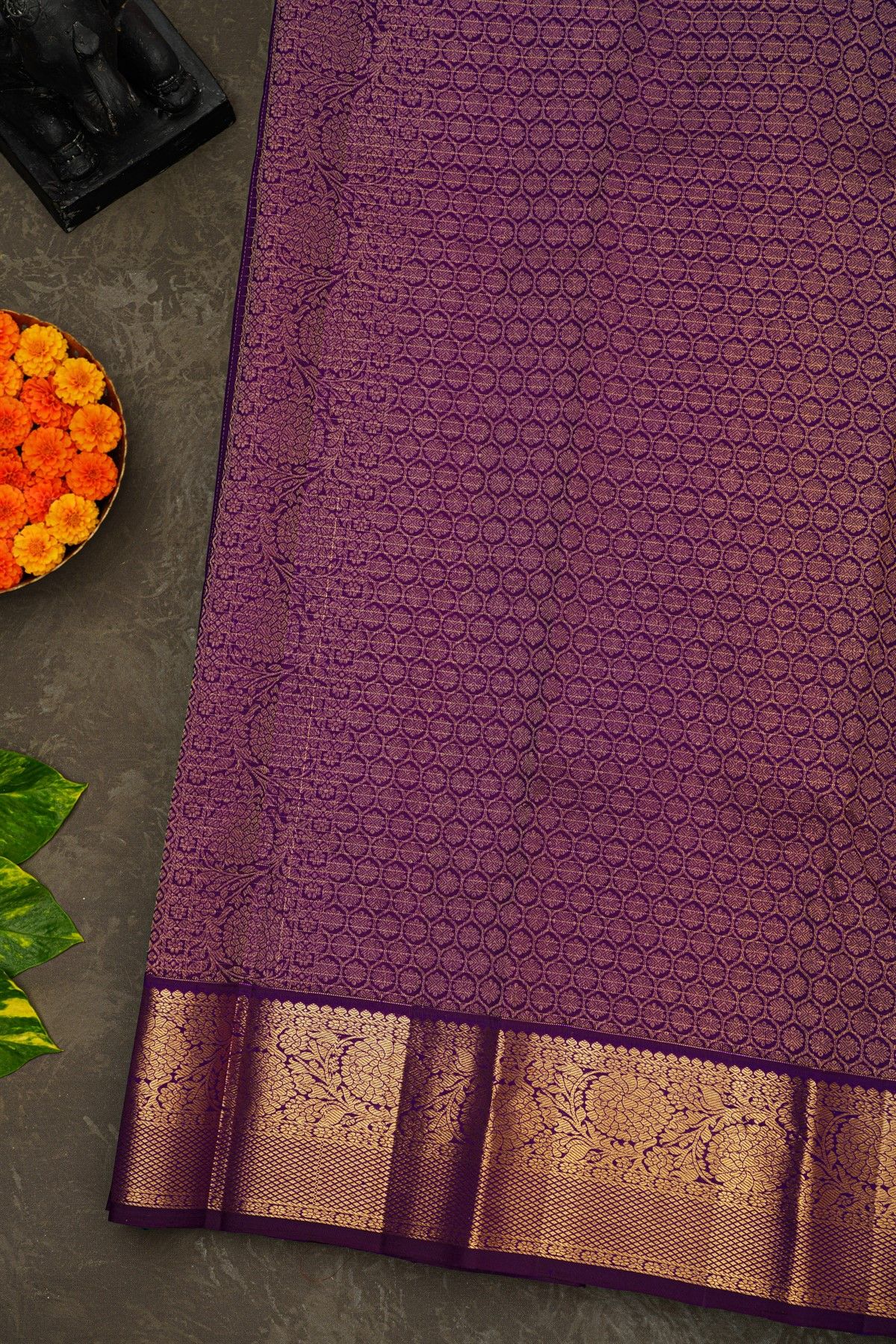 Kancheepuram Silk Violet Saree With Checks Florals And Buttis Body