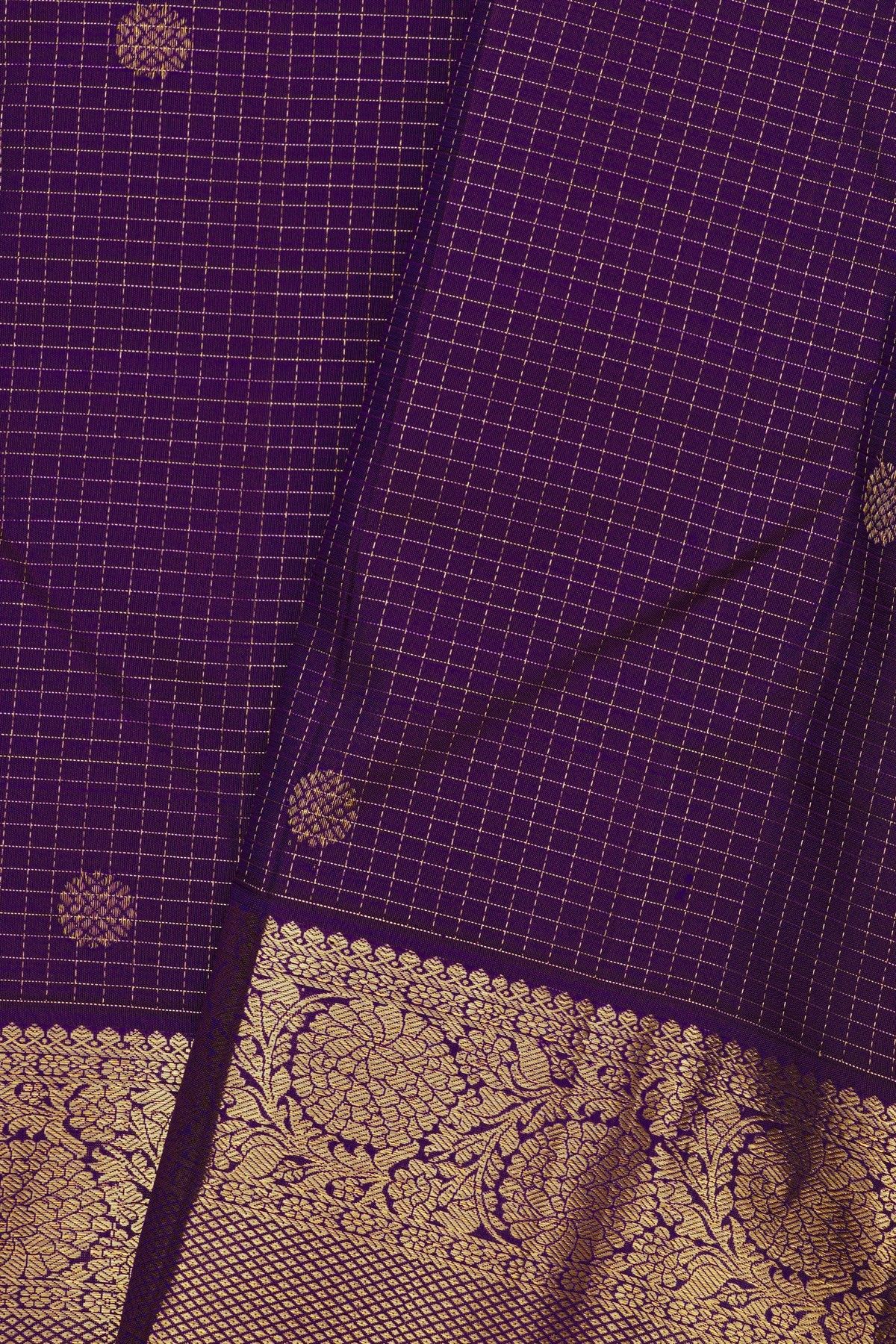 Kancheepuram Silk Violet Saree With Checks Florals And Buttis Body