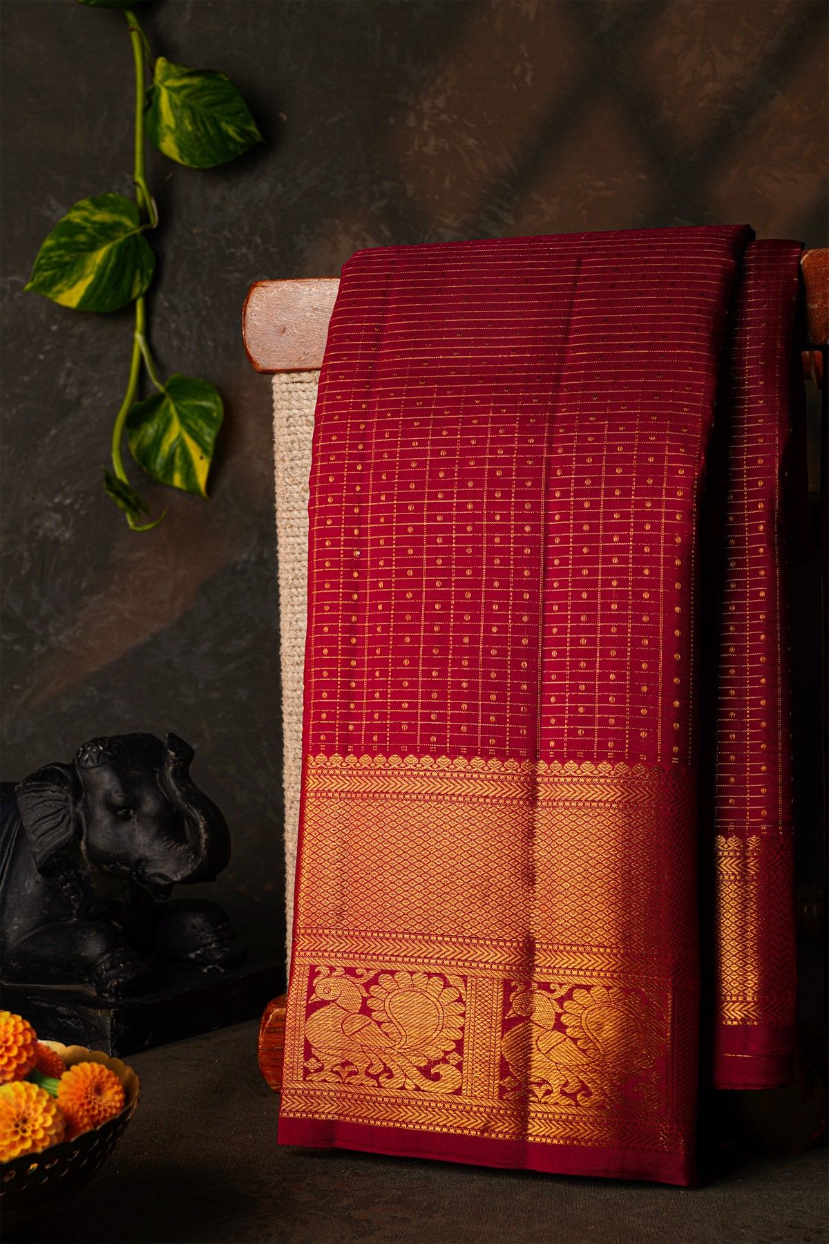 Kancheepuram Silk Maroon Saree With Zari Diamonds And Peacock Border