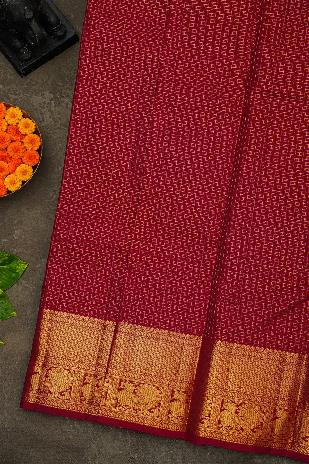 Kancheepuram Silk Maroon Saree With Zari Diamonds And Peacock Border