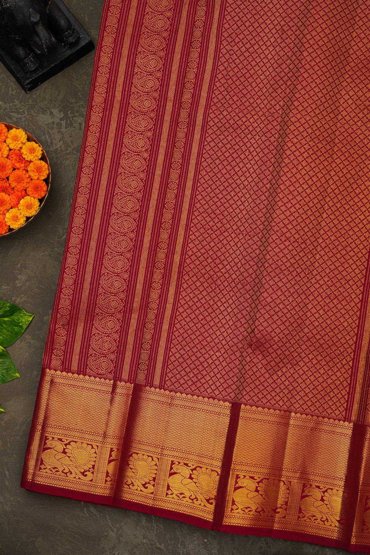 Kancheepuram Silk Maroon Saree With Zari Diamonds And Peacock Border