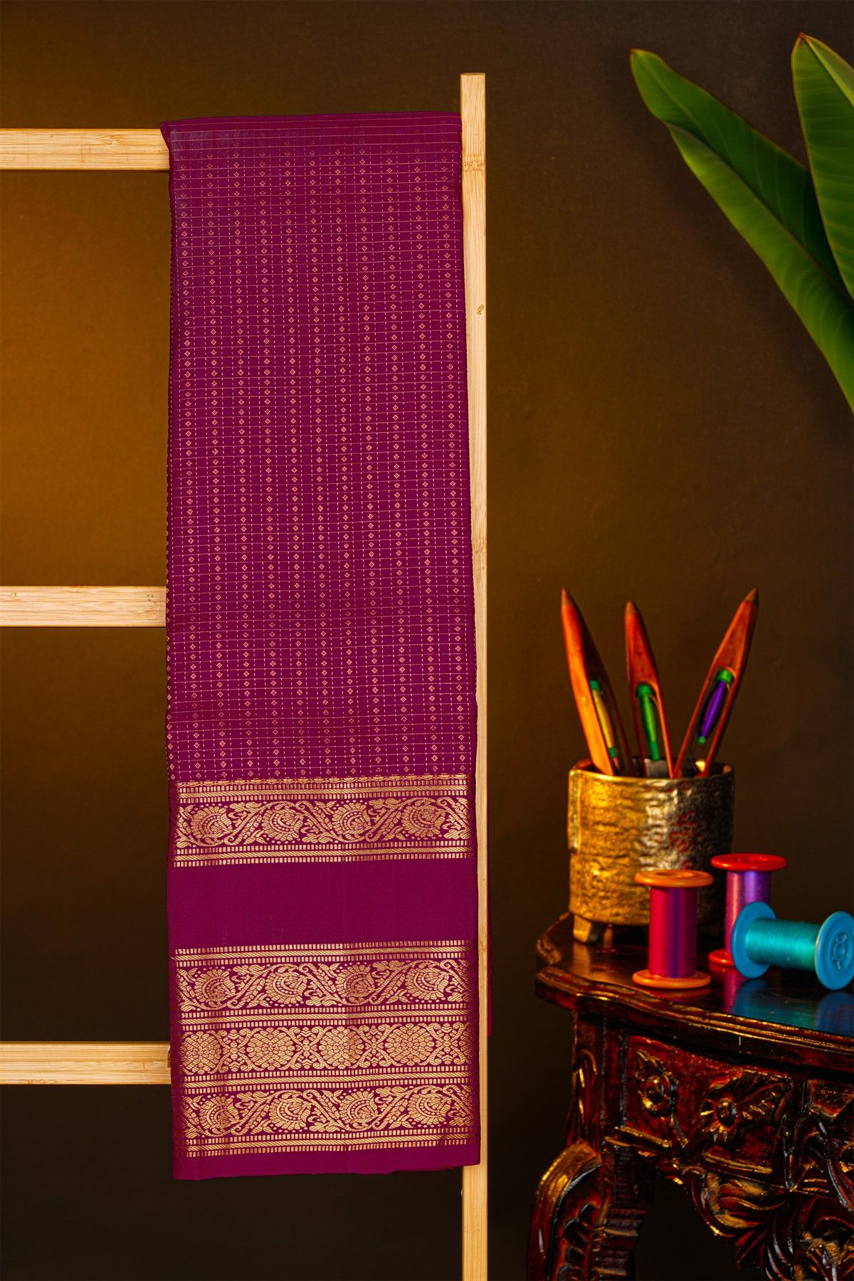 Kancheepuram Silk Dark Purple Saree With Zari Checks And Buttis Body