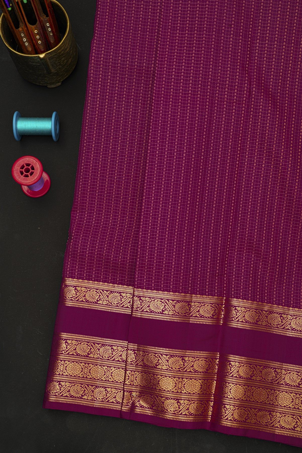 Kancheepuram Silk Dark Purple Saree With Zari Checks And Buttis Body