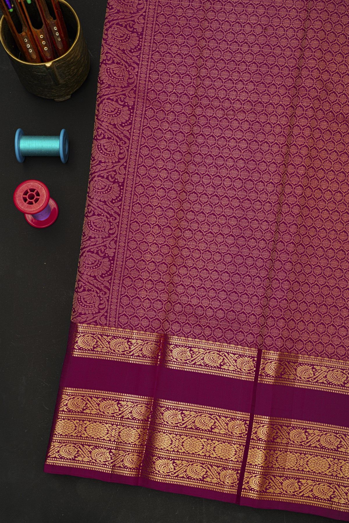 Kancheepuram Silk Dark Purple Saree With Zari Checks And Buttis Body