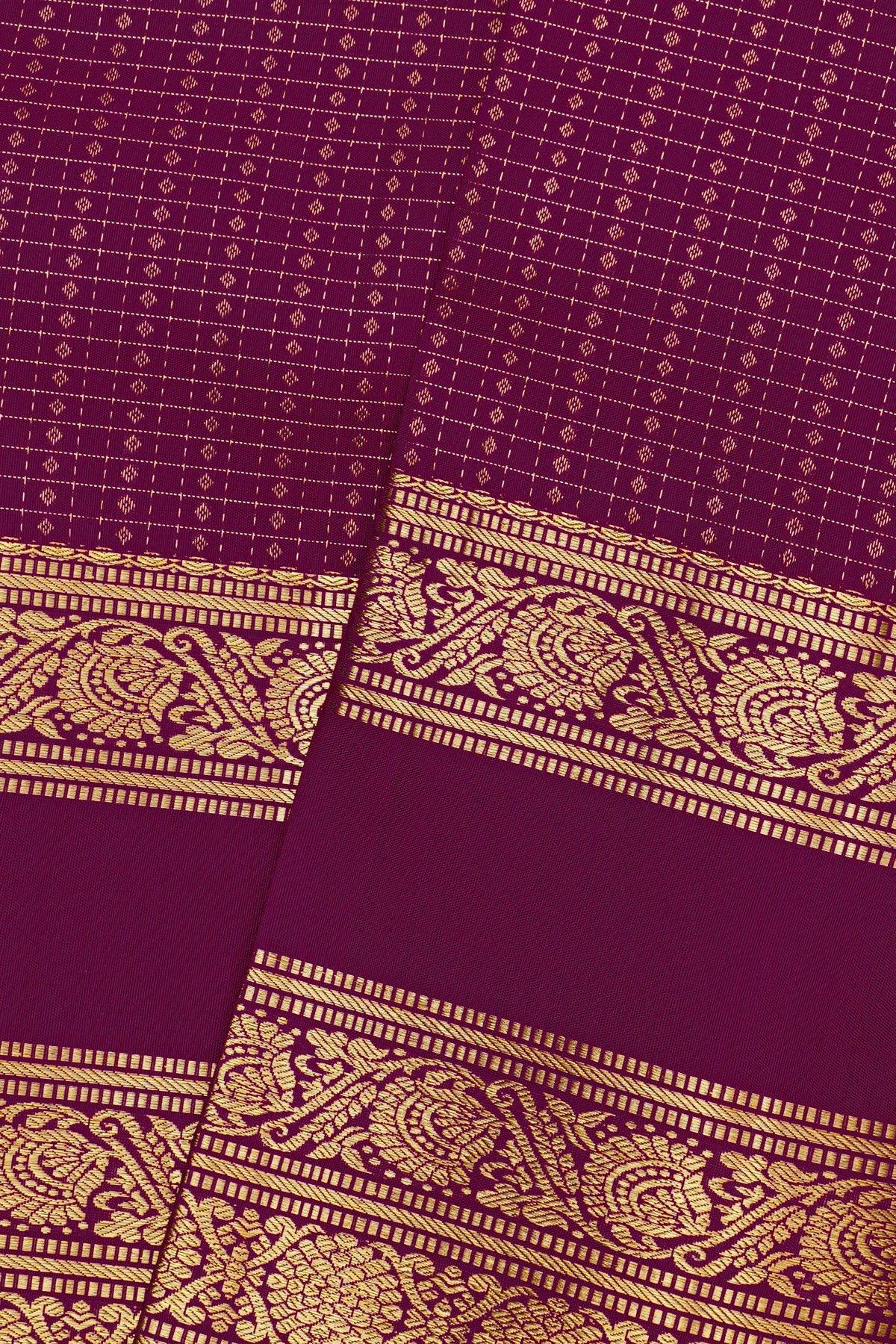 Kancheepuram Silk Dark Purple Saree With Zari Checks And Buttis Body