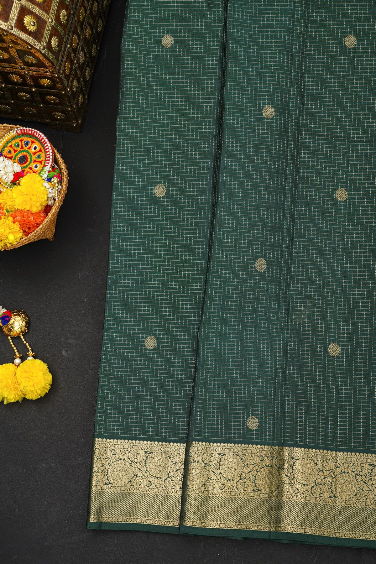 Kancheepuram Silk Bottle Green Saree With Checks And Floral Buttis Body