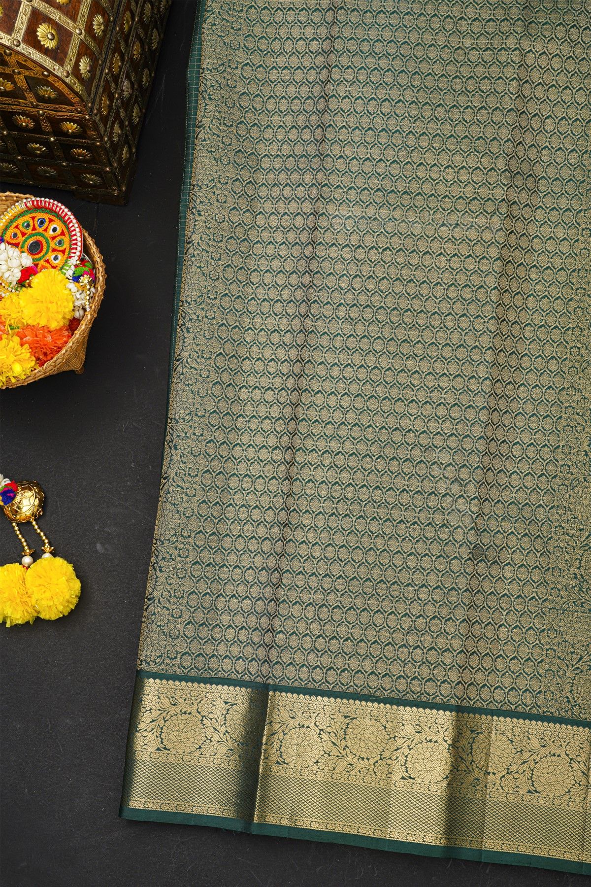 Kancheepuram Silk Bottle Green Saree With Checks And Floral Buttis Body