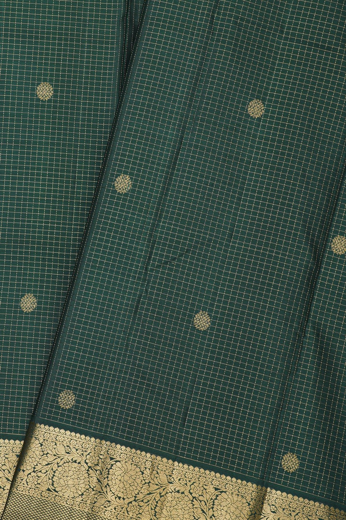 Kancheepuram Silk Bottle Green Saree With Checks And Floral Buttis Body