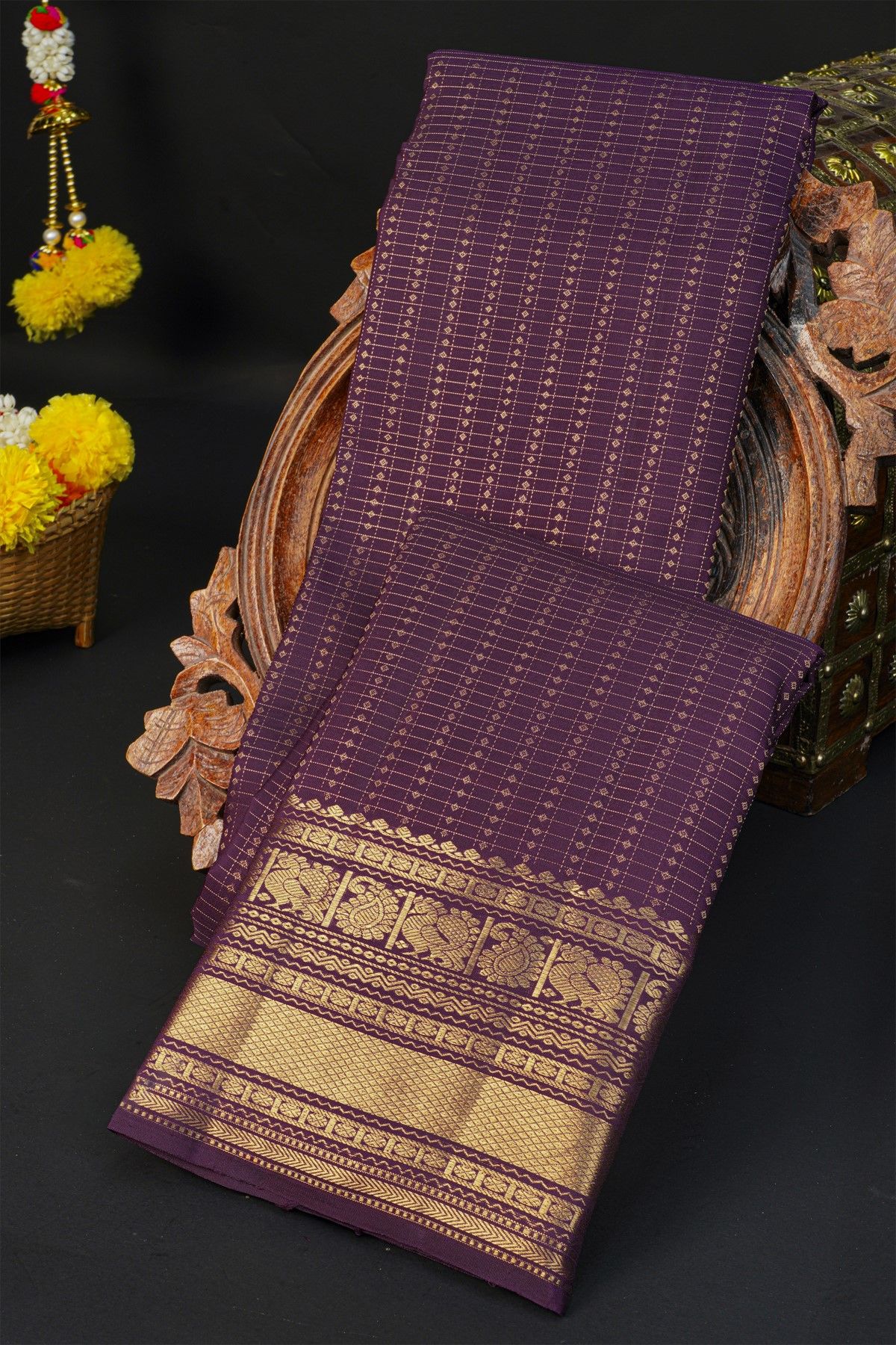 Kancheepuram Silk Wine Saree With Checks And Zari Buttis Body