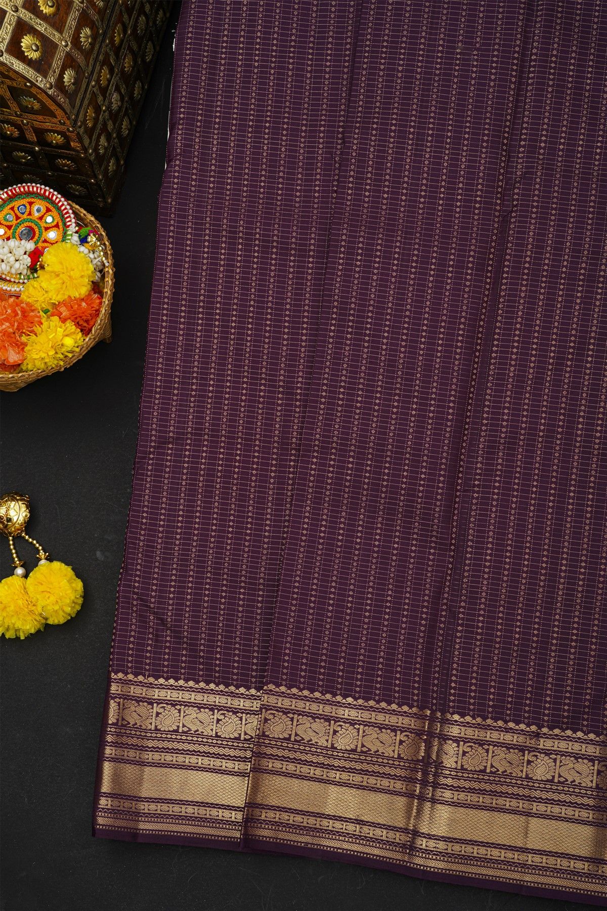 Kancheepuram Silk Wine Saree With Checks And Zari Buttis Body