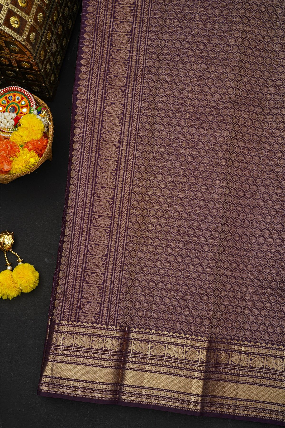 Kancheepuram Silk Wine Saree With Checks And Zari Buttis Body