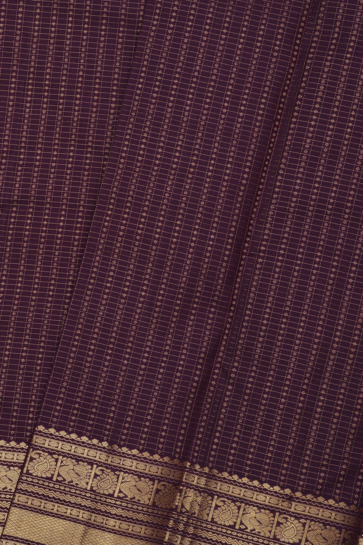 Kancheepuram Silk Wine Saree With Checks And Zari Buttis Body