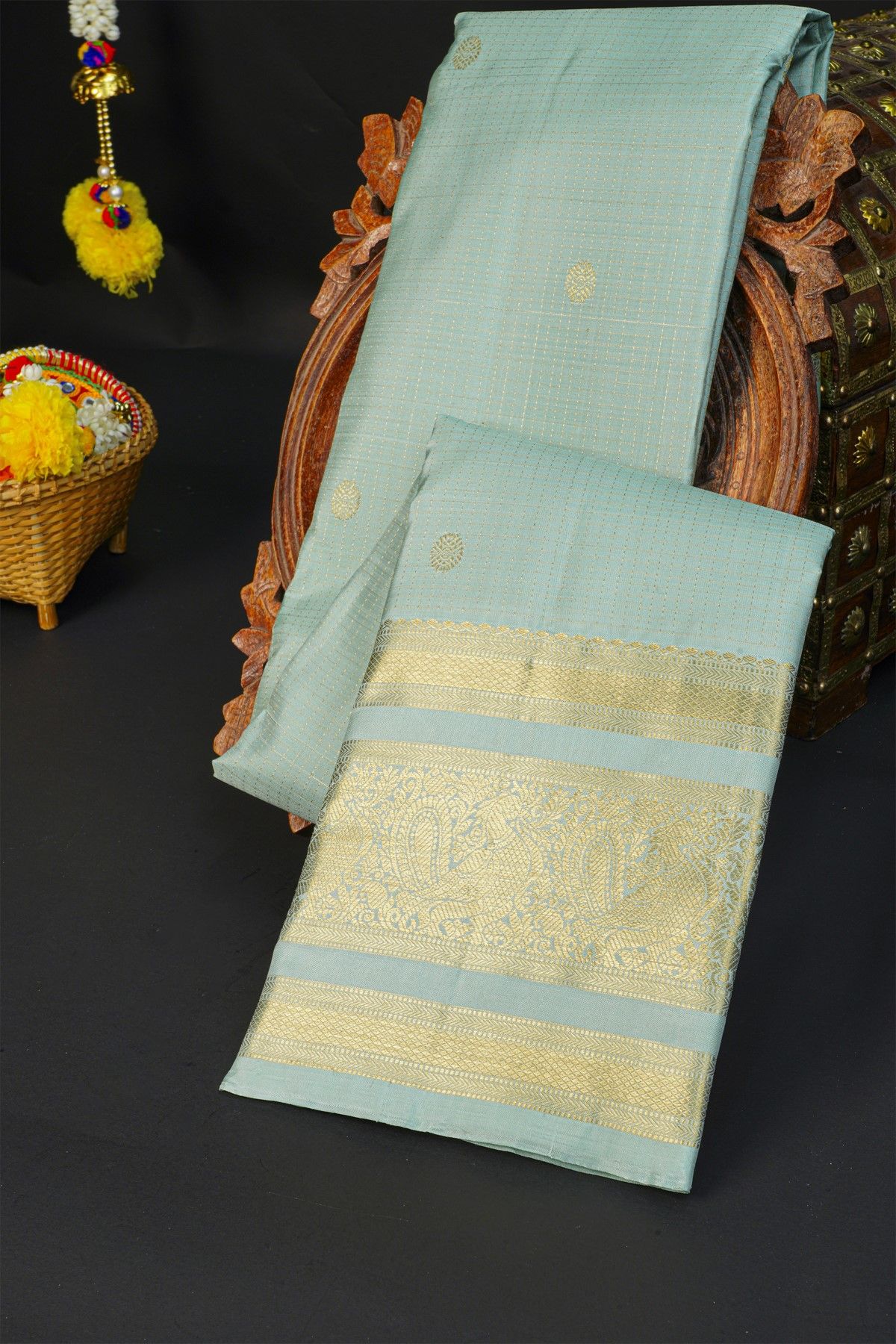 Kancheepuram Silk Ice Blue Saree With Checks And Floral Buttis Body