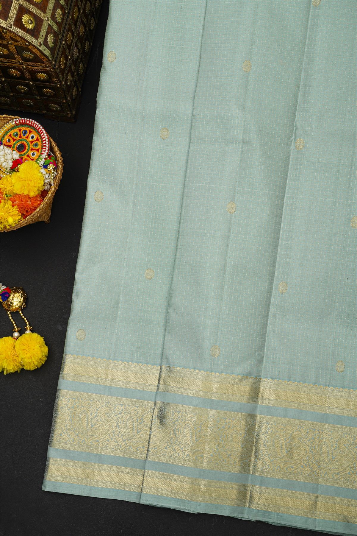 Kancheepuram Silk Ice Blue Saree With Checks And Floral Buttis Body