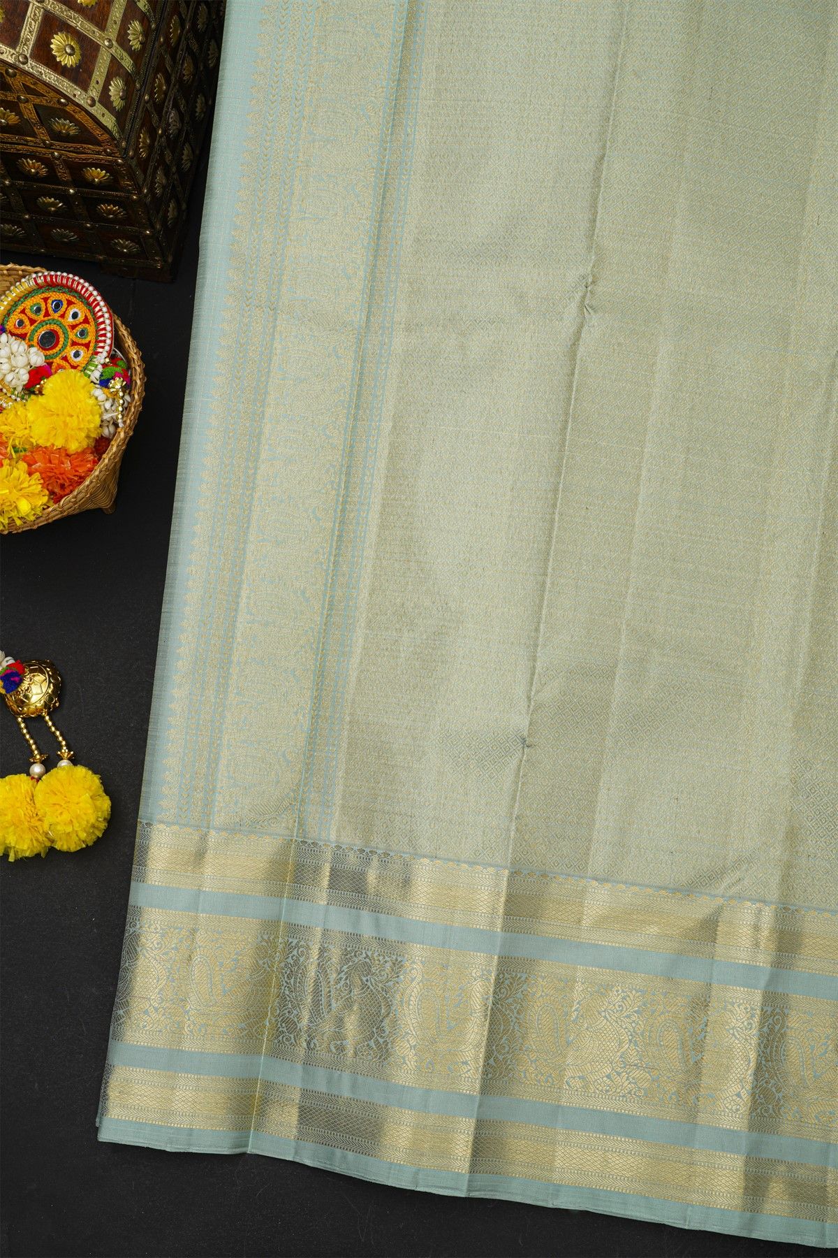 Kancheepuram Silk Ice Blue Saree With Checks And Floral Buttis Body