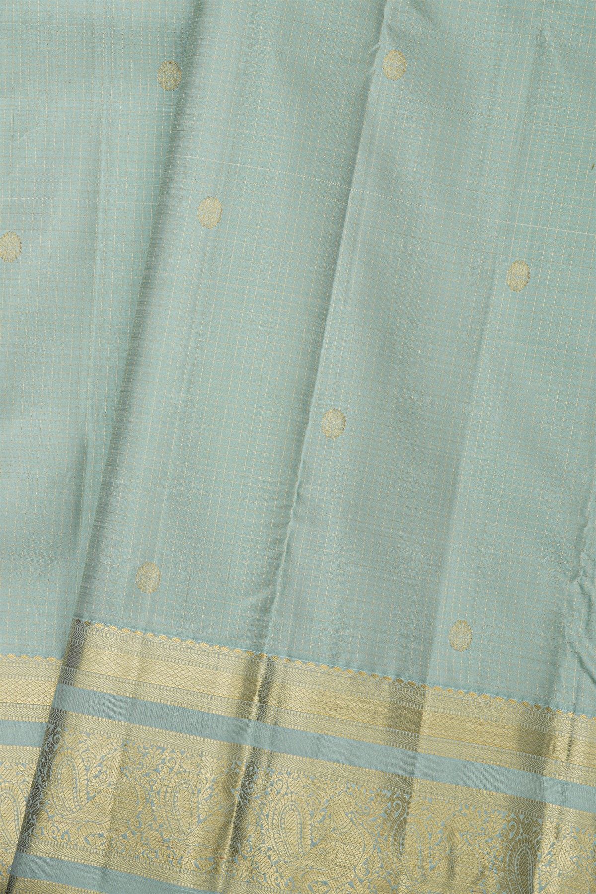 Kancheepuram Silk Ice Blue Saree With Checks And Floral Buttis Body