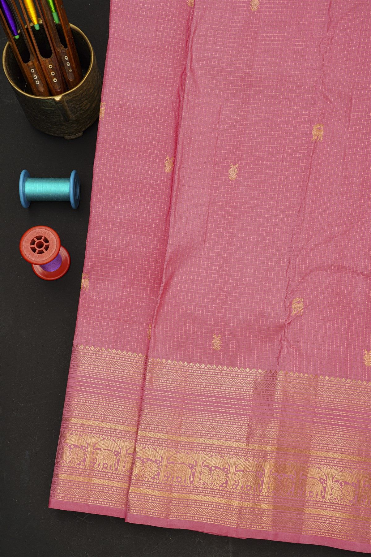 Kancheepuram Silk Onion Pink Saree With Yalis And Gandaberunda Buttis Body