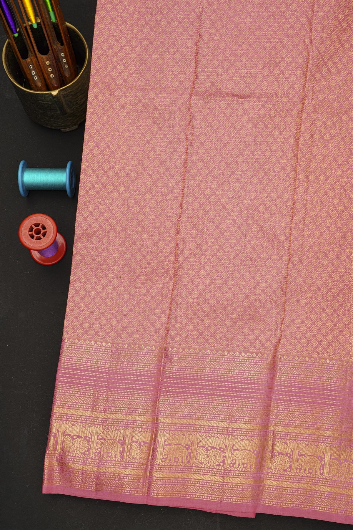 Kancheepuram Silk Onion Pink Saree With Yalis And Gandaberunda Buttis Body