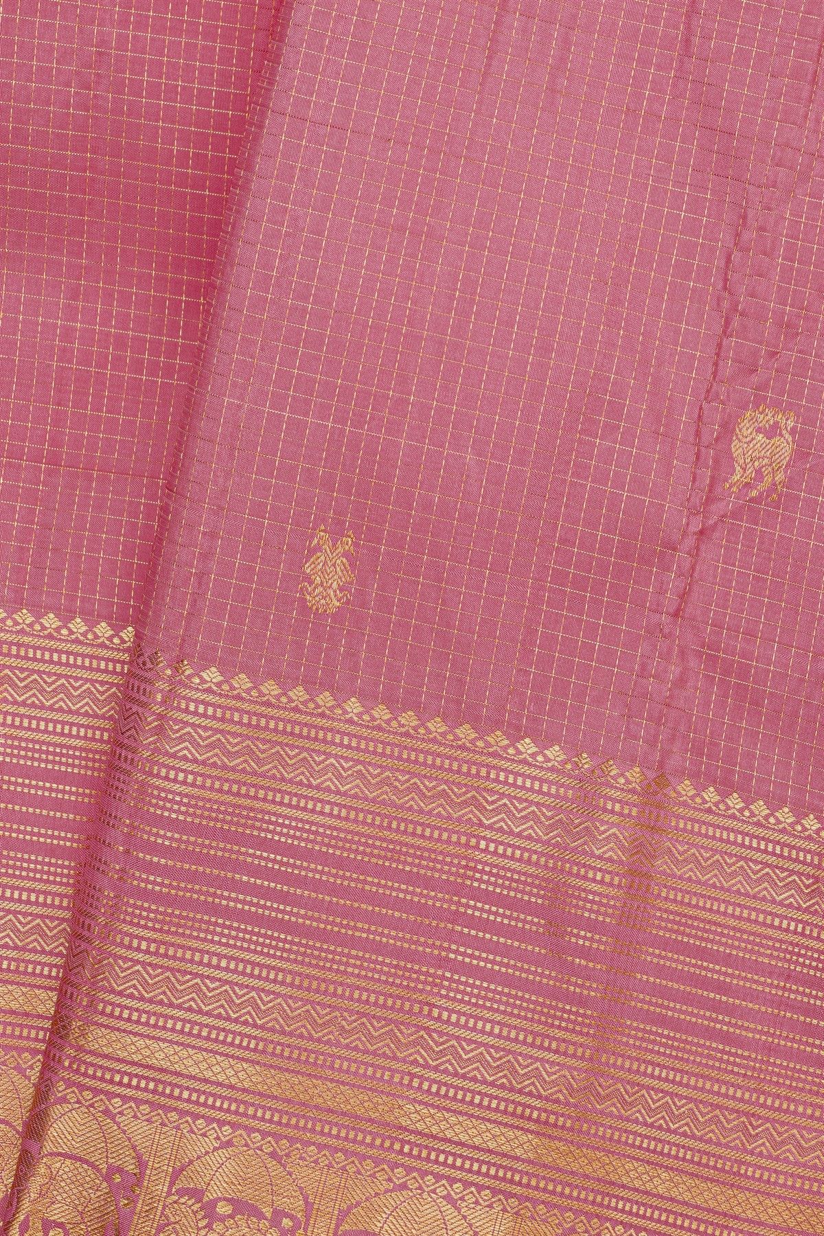 Kancheepuram Silk Onion Pink Saree With Yalis And Gandaberunda Buttis Body