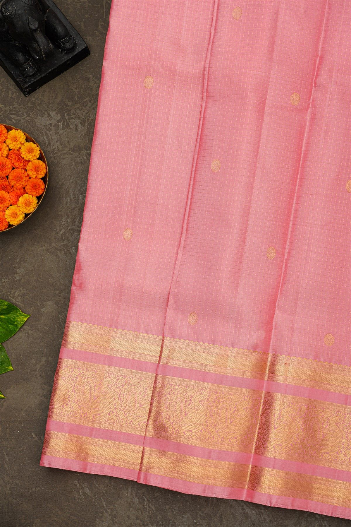 Kancheepuram Silk Baby Pink Saree With Zari Lines And Floral Buttis Body