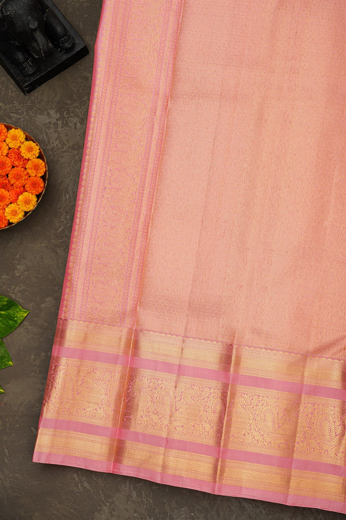 Kancheepuram Silk Baby Pink Saree With Zari Lines And Floral Buttis Body