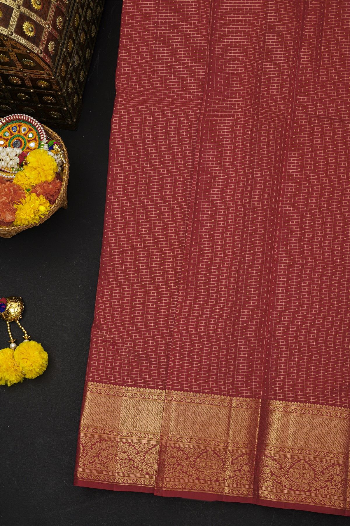 Kancheepuram Silk Red Saree With Checks And Zari Buttis Body