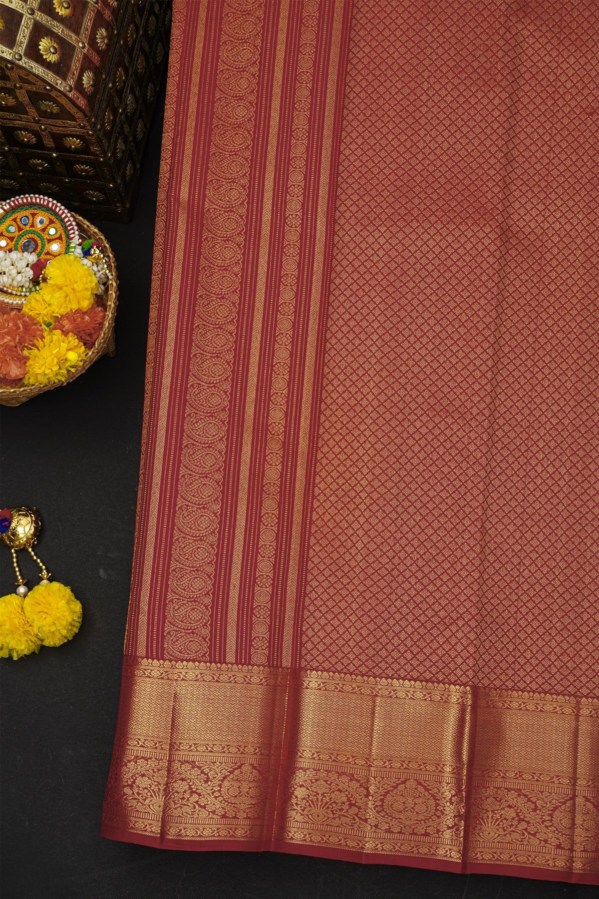 Kancheepuram Silk Red Saree With Checks And Zari Buttis Body