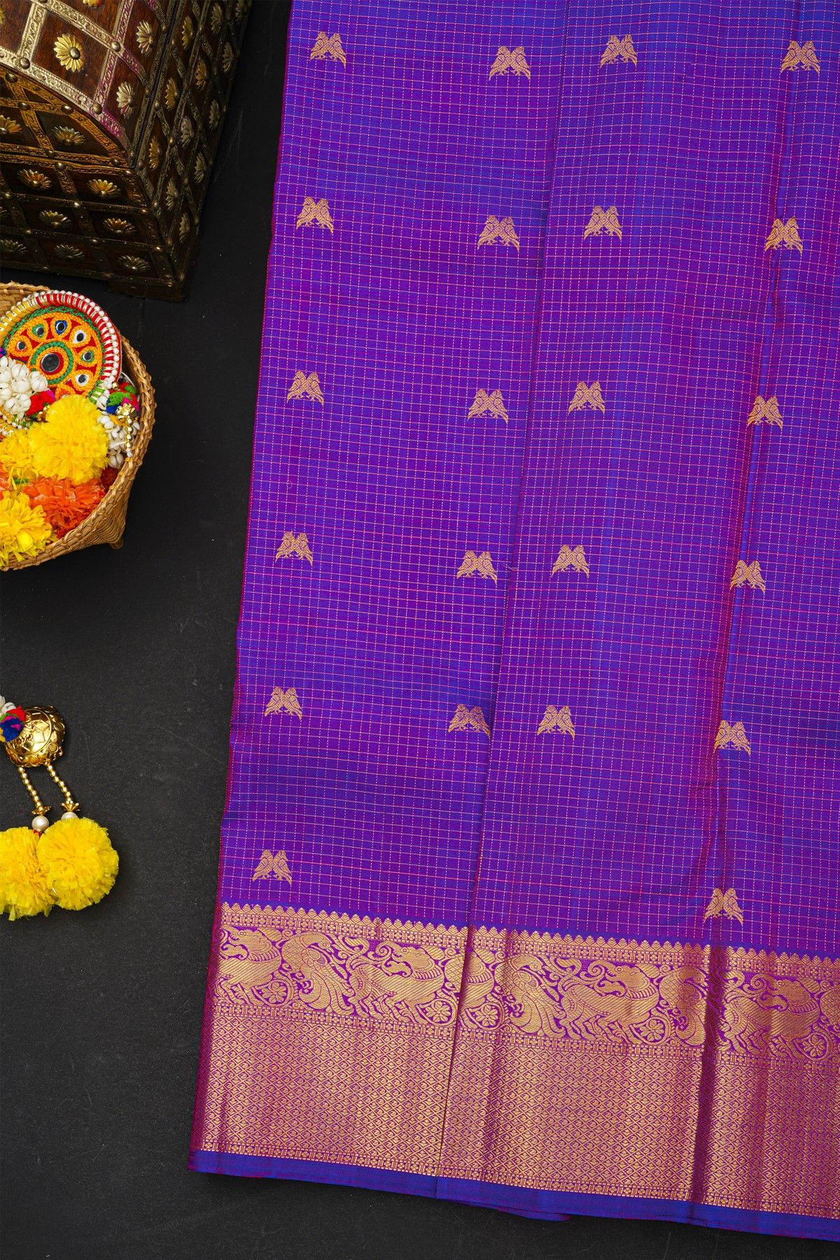 Kancheepuram Silk Dual Colour Saree With Zari Checks Florals And Yalis Border