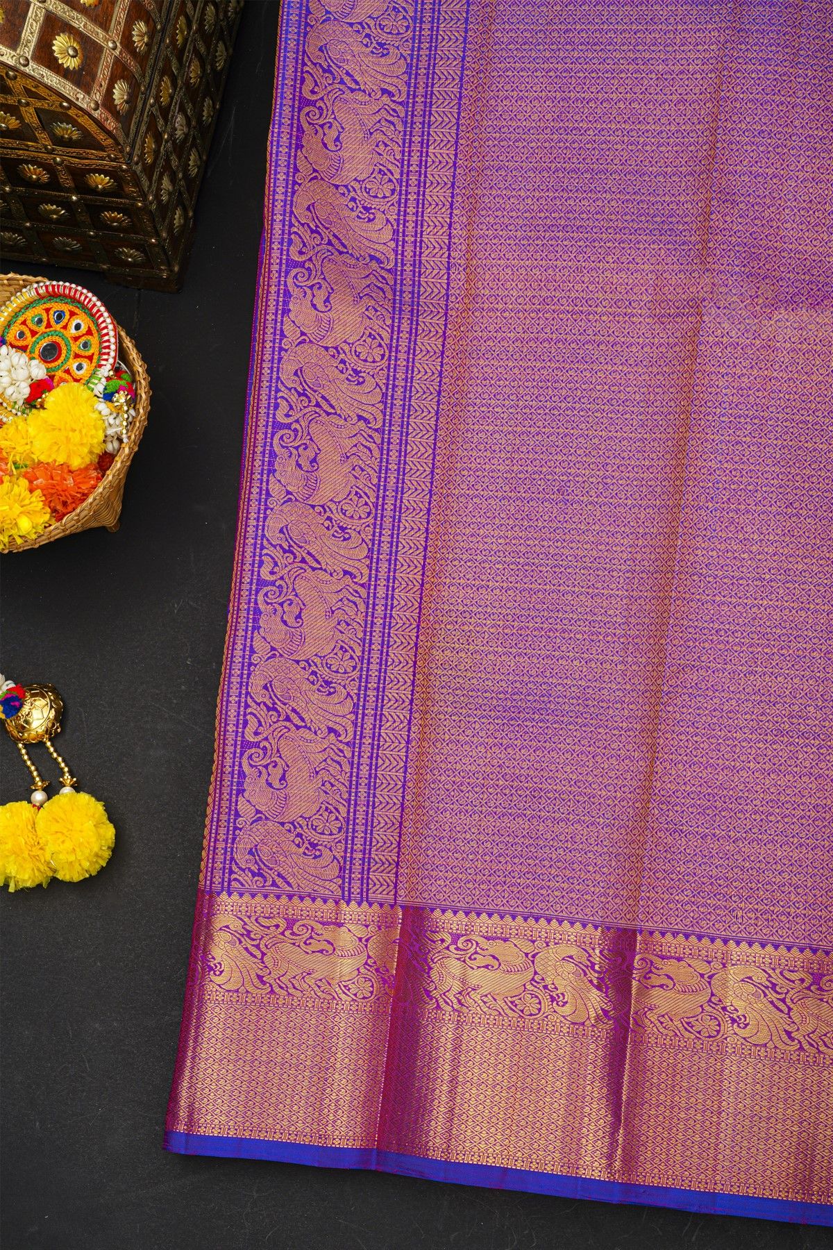 Kancheepuram Silk Dual Colour Saree With Zari Checks Florals And Yalis Border