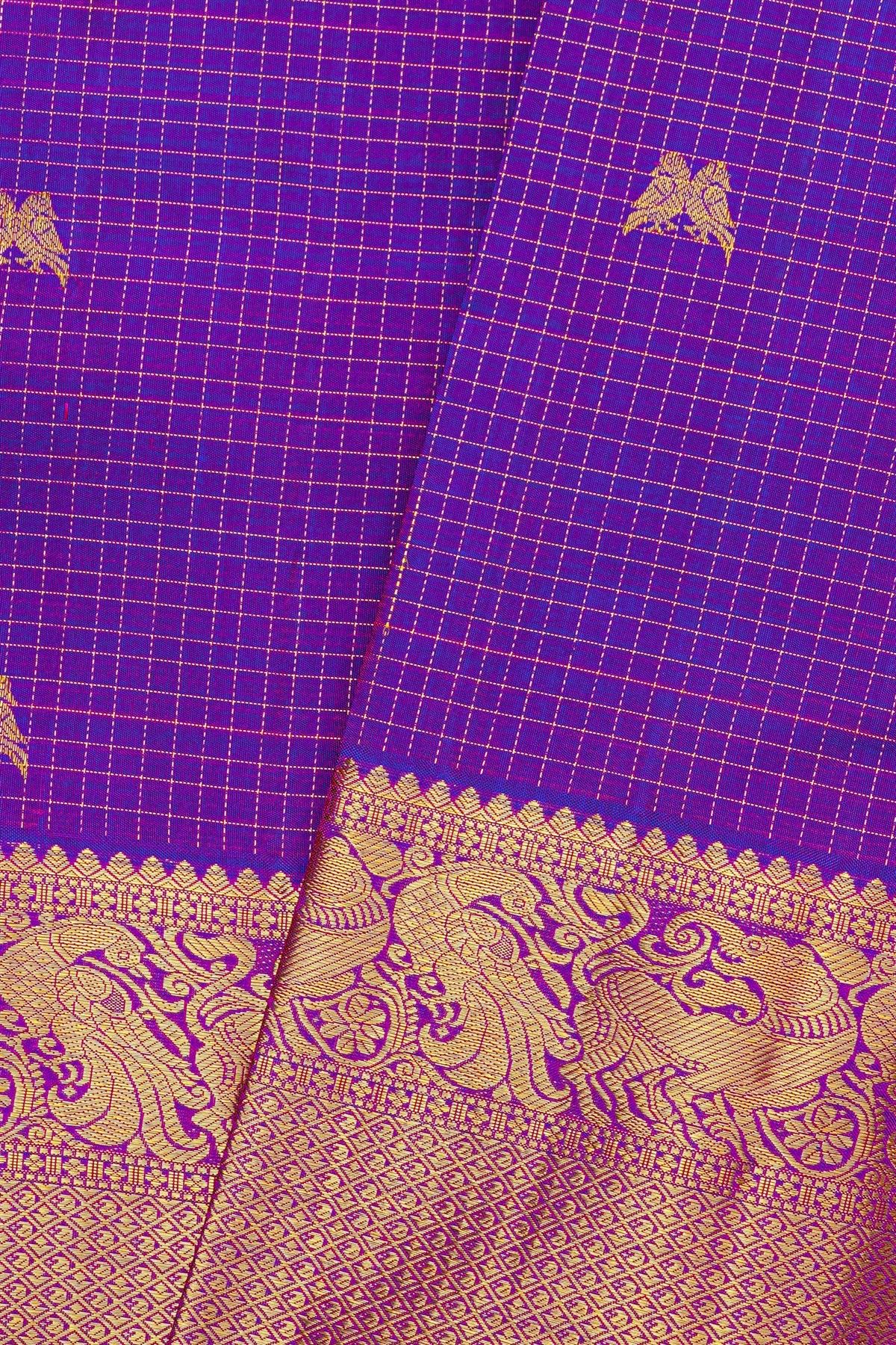 Kancheepuram Silk Dual Colour Saree With Zari Checks Florals And Yalis Border