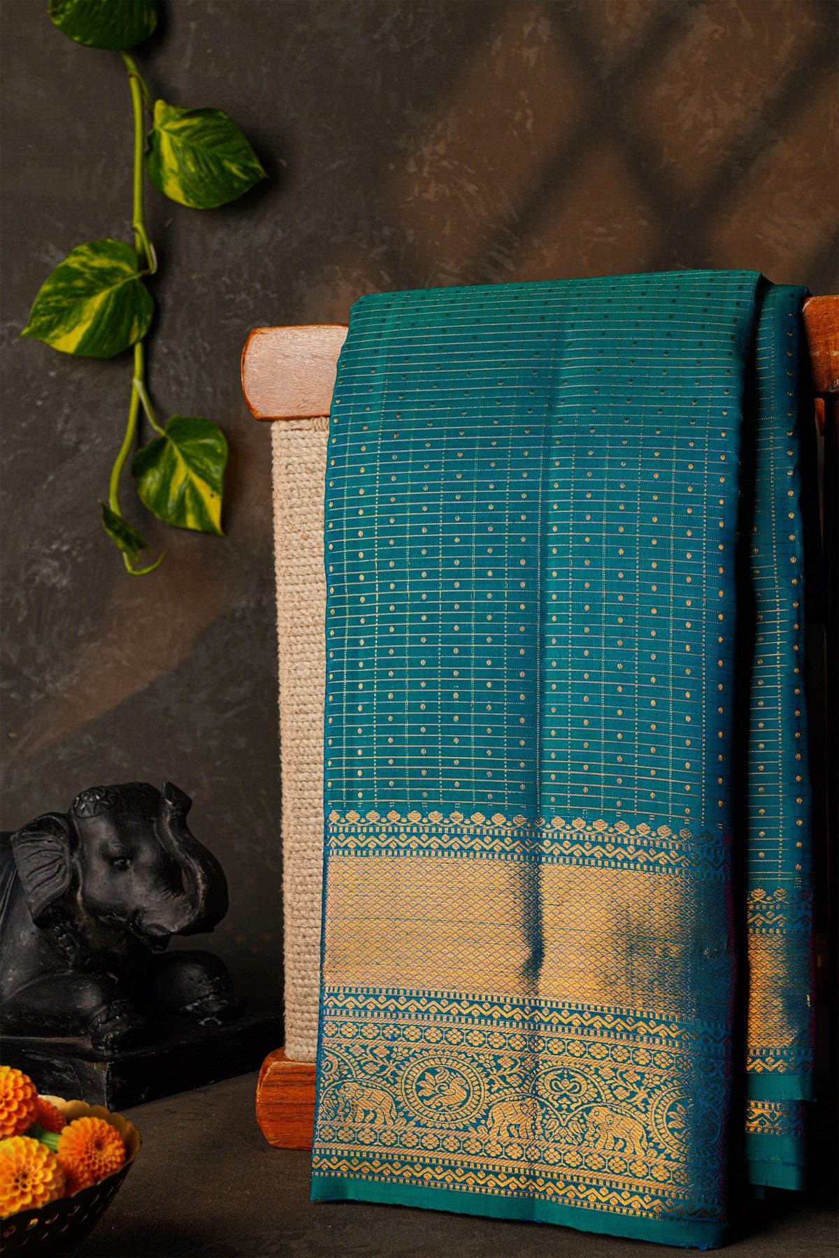 Kancheepuram Silk Teal Blue Saree With Zari Lines And Buttis Body