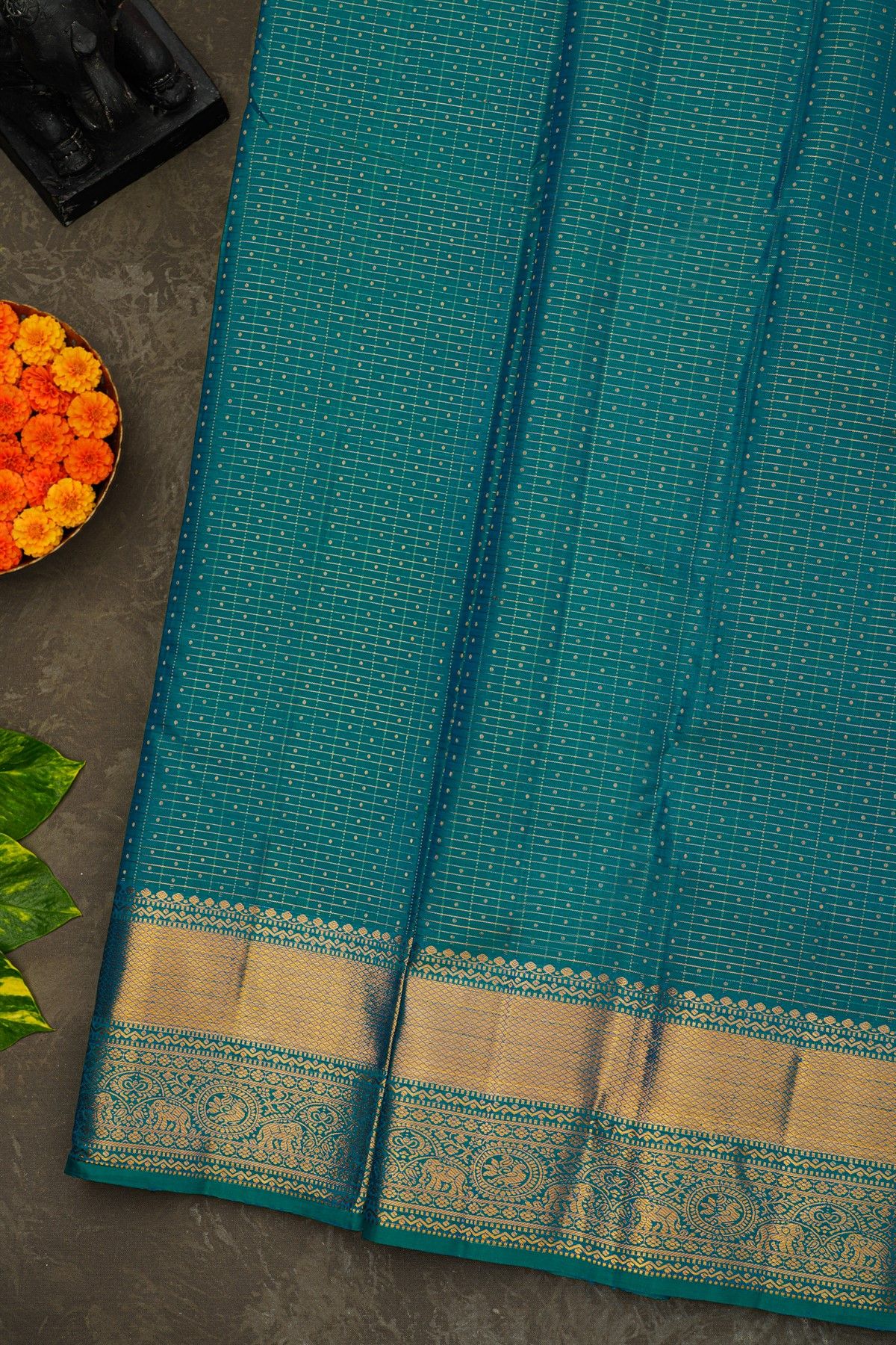 Kancheepuram Silk Teal Blue Saree With Zari Lines And Buttis Body