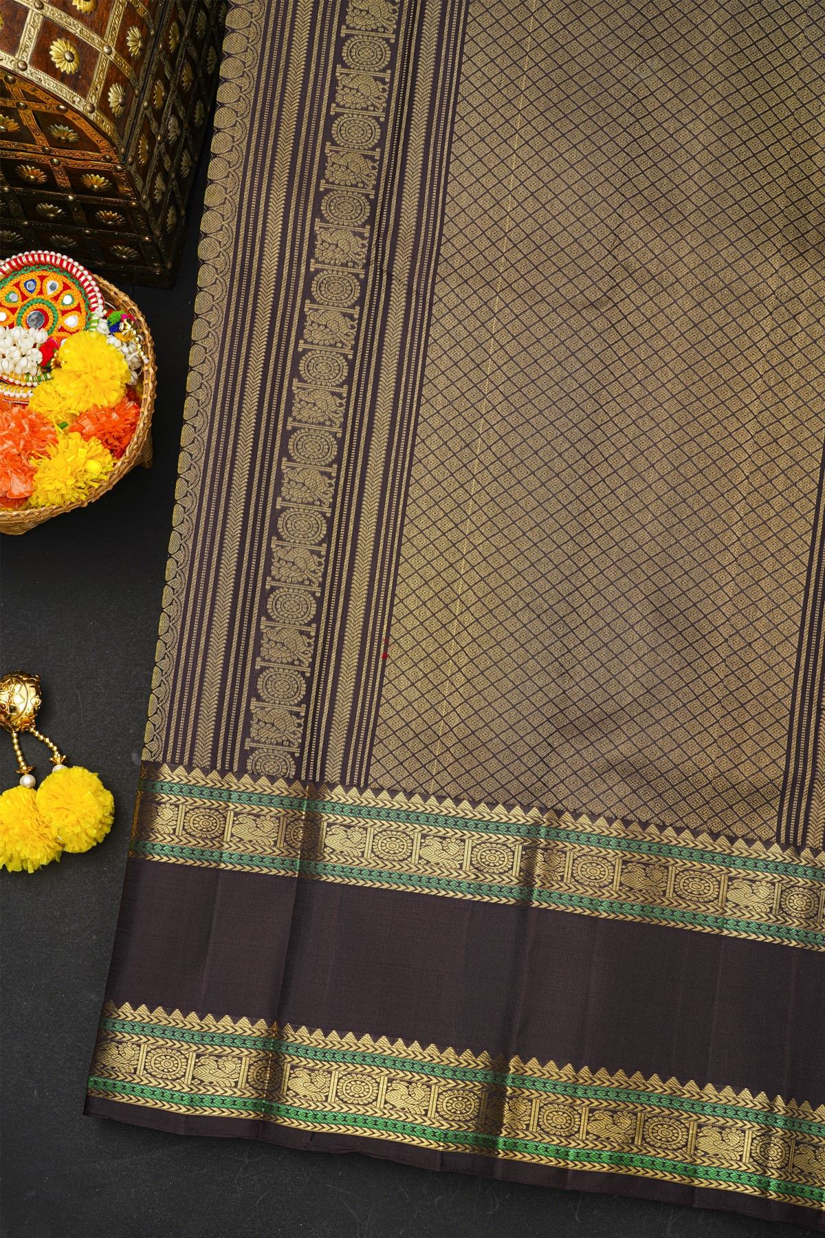 Kancheepuram Silk Brown Saree With Florals And Peacocks Buttis Body And Gap Border